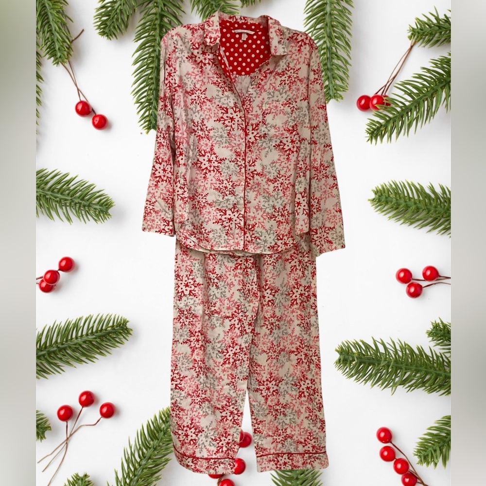 Victoria’s Secret Flannel Pajama Set, Red & White Snowflakes, Sz S